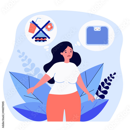 Sad overweight woman thinking about dieting and scales. Fat female giving up junk food flat vector illustration. Diet, healthy lifestyle concept for banner, website design or landing web page