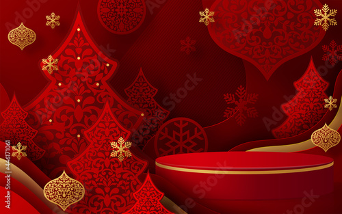 Christmas and New Year podium background vector design 3d products or show cosmetic product display. stage pedestal or platform. winter christmas red background.