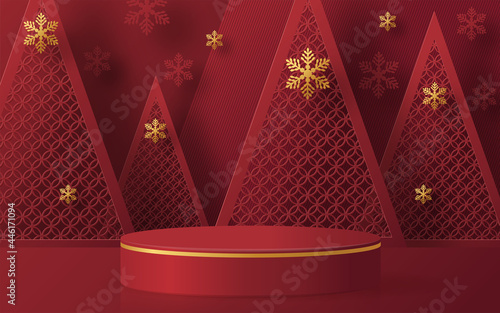 Christmas and New Year podium background vector design 3d products or show cosmetic product display. stage pedestal or platform. winter christmas red background.