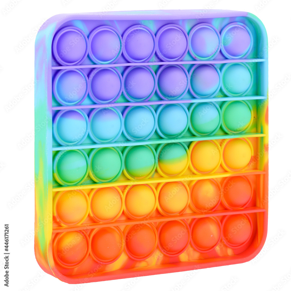 Multicolored silicone Pop it in the shape of a square isolated on a white background. Simple dimple, popular modern stress relief toys for adults and children. Fidget kid toy, Pop Bubble Fidget Multicolored silicone Pop it in the shape of a square isolated on a white background. Simple dimple, popular modern stress relief toys for adults and children. Fidget kid toy, Pop Bubble Fidget