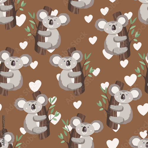 Fototapeta Naklejka Na Ścianę i Meble -  Seamless pattern with cute koala baby and hearts on brown background. Funny australian animals. Card, postcards for kids. Flat vector illustration for fabric, textile, wallpaper, poster, paper