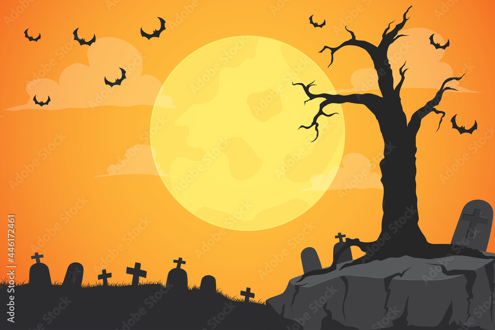 Vector Halloween website banner background. Halloween night with full moon illustration.