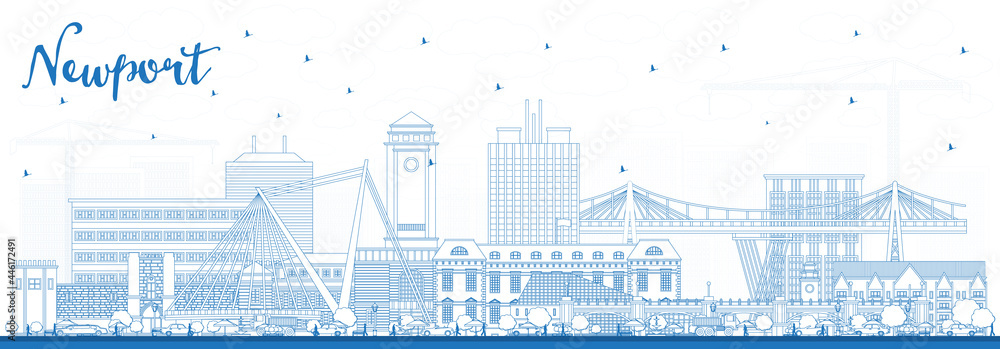 Outline Newport Wales City Skyline with Blue Buildings.