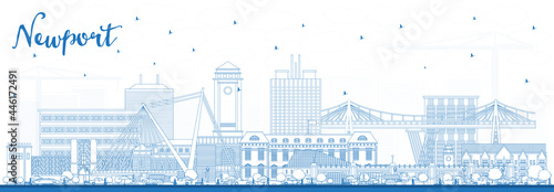 Outline Newport Wales City Skyline with Blue Buildings.