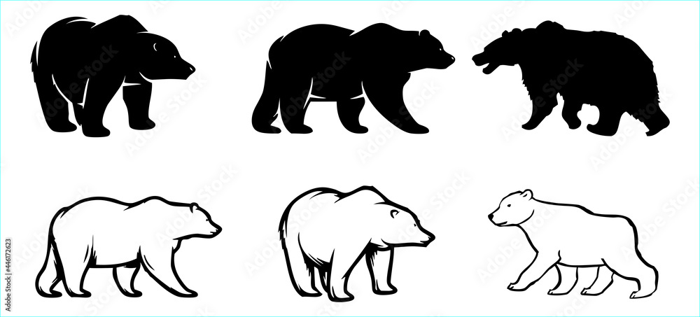 Obraz premium Black and white bear icons set