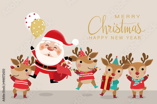 Merry Christmas and happy new year greeting card with cute Santa Claus and deer. Holiday cartoon character in winter season. -Vector