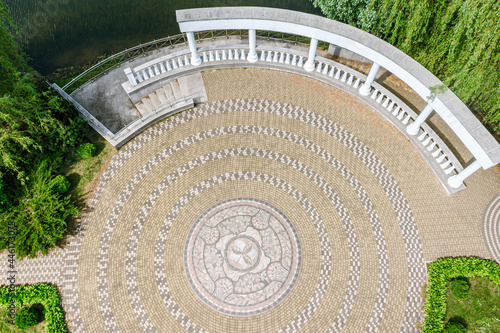 aerial view of Minsk botanical garden. small island with colonnade and colorful floor mosaic