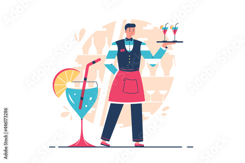 Professional waiter holding tray with drinks