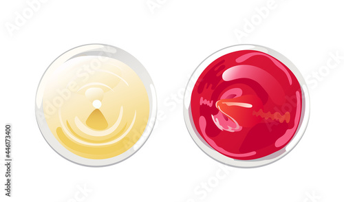 Ketchup and mayonnaise in bowl top view set. Vector illustration in flat cartoon style.