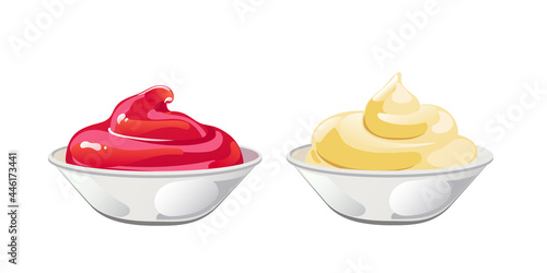 Ketchup and mayonnaise in bowl front view set. Vector illustration in flat cartoon style.