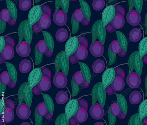 Seamless flat texture with plums on branches with foliage on dark background. Cartoon pattern with fruits on stems at night. Hand-drawn wallpaper with interweaving berries. Vector natural fabric