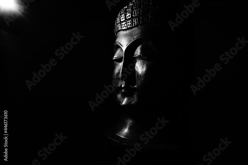 Statue of Buddha web banner concept with copy space with a wide dark starry night background