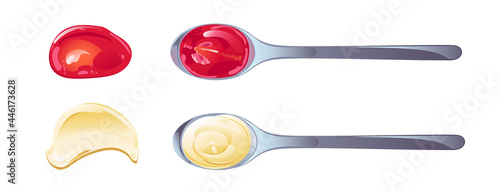 Ketchup and mayonnaise in spoons with swirl set. Vector illustration in flat cartoon style.