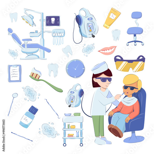 Dental medical set of design elements isolated on white background. Vector image of a doctor treating teeth to a boy, teeth, equipment, tools, office furniture in cartoon hand drawn style.