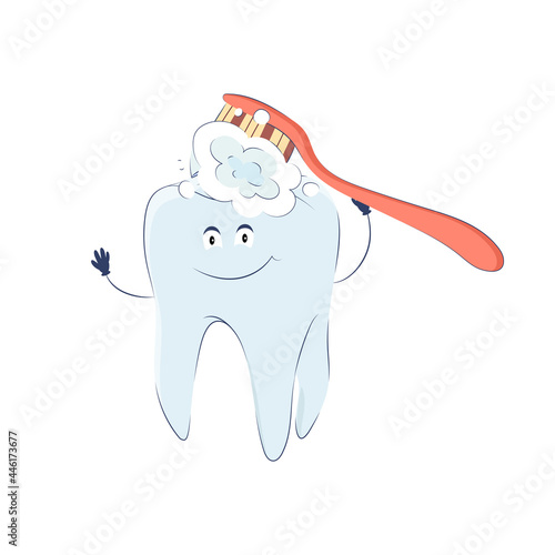 A cute tooth with a human smiling face and handles brushes himself with a toothbrush. Vector hand drawn illustration in cartoon style.