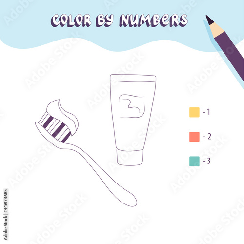 Coloring page with cute toothbrush and tube of paste. Color by numbers. Educational kid game, drawing childrens activity, printable worksheet.
