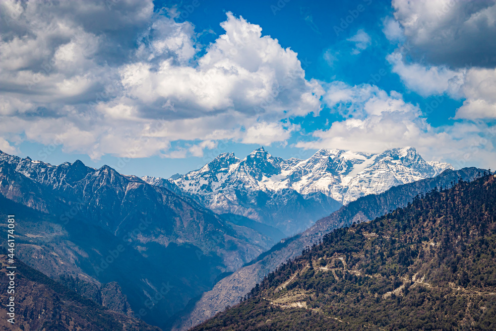 himalaya mountain valley with bright blue sky at day from hilltop