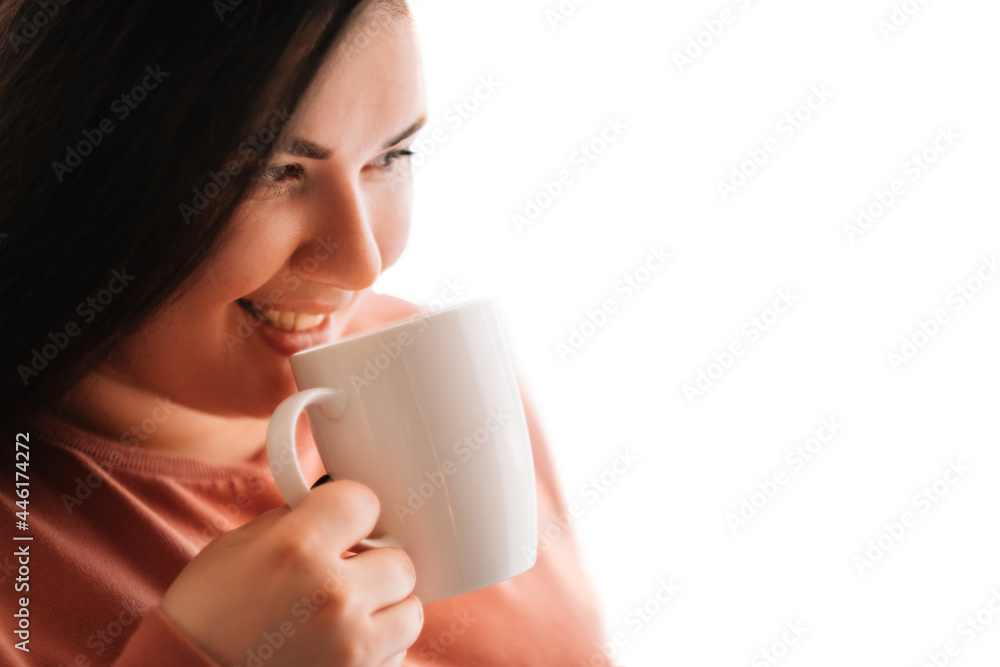 Morning coffee. Breakfast drink. Cozy leisure. Body positive. Portrait of satisfied smiling obese overweight woman enjoying cup of hot beverage on white empty space background. Morning coffee. Breakfast drink. Cozy leisure. Body positive. Portrait of satisfied smiling obese overweight woman enjoying cup of hot beverage on white empty space background.