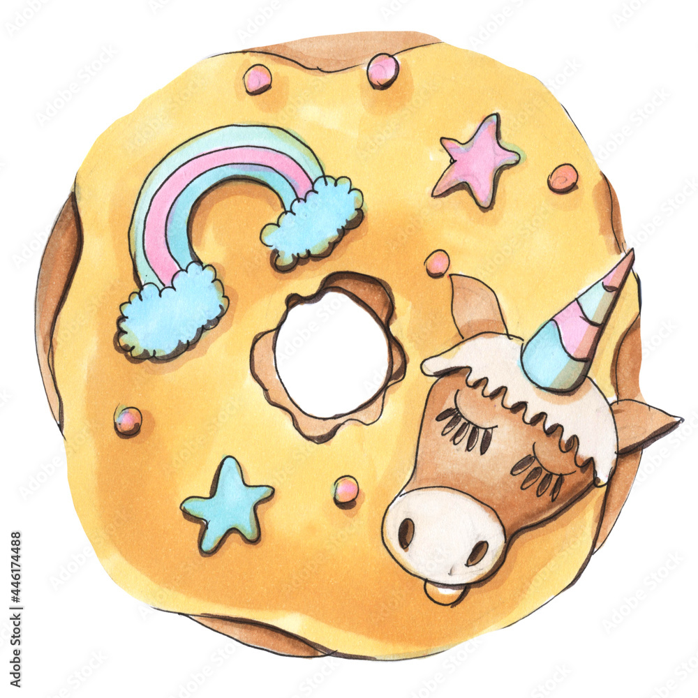 hand drawing cartoon style delicious sweet food donut with yellow icing with rainbow and unicorn hand drawing cartoon style delicious sweet food donut with yellow icing with rainbow and unicorn