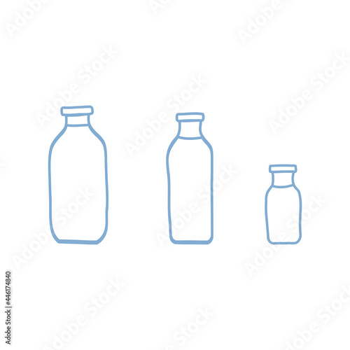 Hand drawn doodle line vector illustration set of milk, kefir in different glass bottles. Isolated on white background.