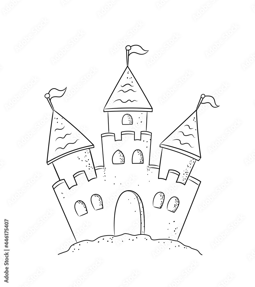 medieval sand castle isolated on white, line art illustration