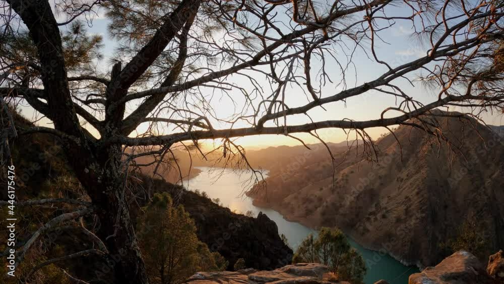 Sunset behind dead tree with lake berryessa in the background Sunset behind dead tree with lake berryessa in the background