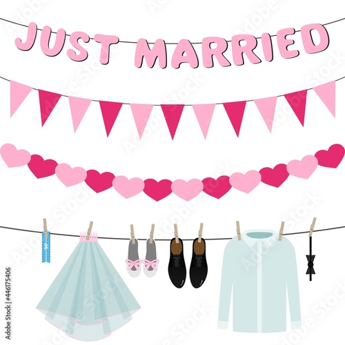 just married, letters hanging on line