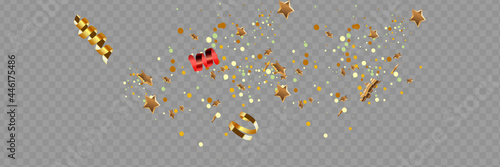 Golden confetti isolated on checkered background. Festive vector illustration.