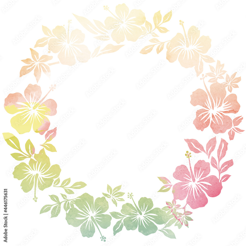アナログ水彩画水彩タッチのハイビスカスのリース 背景オーナメント バックグラウンドHibiscus and leaf wreath アナログ水彩画水彩タッチのハイビスカスのリース 背景オーナメント バックグラウンドHibiscus and leaf wreath