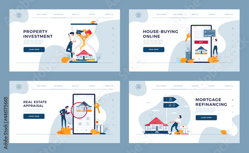Real estate concepts set for landing, homepage. Property investment, appraisal, house-buying, mortgage refinancing. Real estate collection of web page templates for web design.Flat vector illustration