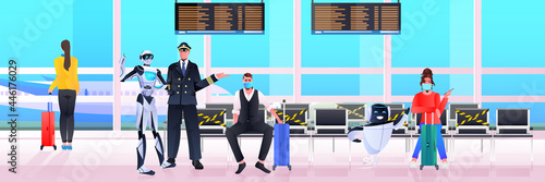 pilot in uniform robot and passengers in masks in airport terminal artificial intelligence technology concept