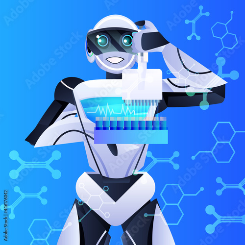 robot holding test tubes with liquid robotic chemist making experiments in lab genetic engineering artificial intelligence