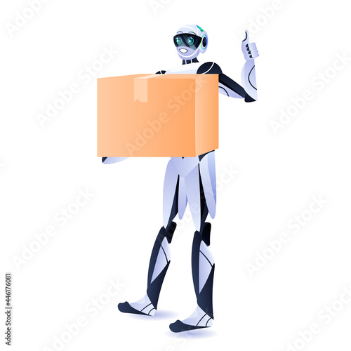 modern robot courier robotic deliver holding cardboard box delivery service artificial intelligence concept