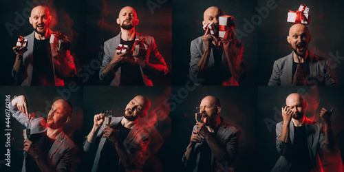 Birthday party. Funny man. Face expression collage. Hipster guy playing tricks with champagne dancing enjoying present boxes black long exposure defocused red light.