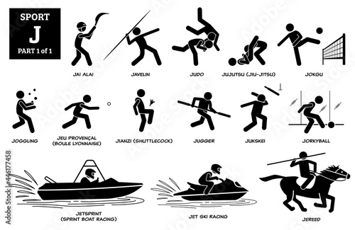 Sport games alphabet J vector icons pictogram. Jai alai, javelin, judo, jujutsu, jiu-jitsu, jokgu, joggling, jugger, jukskei, jorkyball, jetsprint, sprint boat racing, jet ski racing, and jereed.