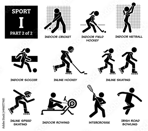 Sport games alphabet I vector icons pictogram. Indoor cricket, field hockey, netball, indoor soccer, inline hockey, inline skating, speed skating, rowing, intercrosse, Irish road bowling.