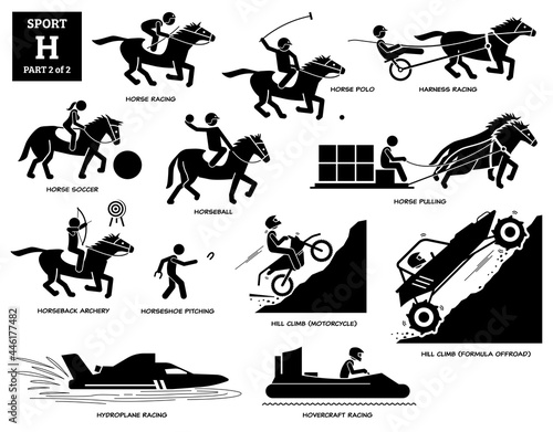 Sport games alphabet H vector icons pictogram. Horse racing, polo, soccer, harness racing, horseball, horseback archery, pitching, hill climb motorcycle, formula offroad, hydroplane, and hovercraft.