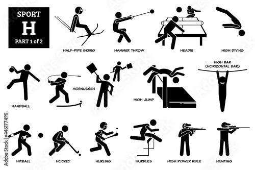 Sport games alphabet H vector icons pictogram. Half-pipe skiing, hammer throw, headis, high diving, handball, hornussen, high jump, horizontal high bar, hitball, hockey, hurling, hurdles, and hunting.
