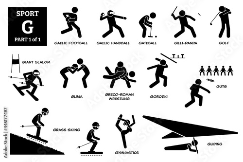 Sport games alphabet G vector icons pictogram. Gaelic football, handball, gateball, gillidanda, golf, giant slalom, glima, greco-roman wrestling, gorodki, guts, grass skiing, gymnastics, and gliding.