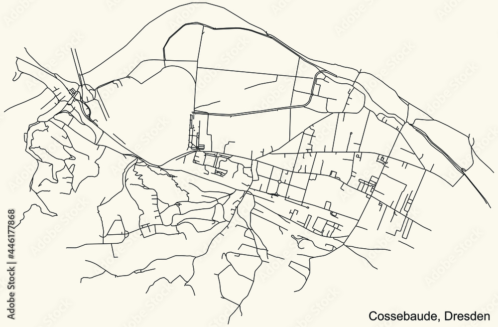 Black simple detailed street roads map on vintage beige background of the quarter Cossebaude locality of Dresden, Germany