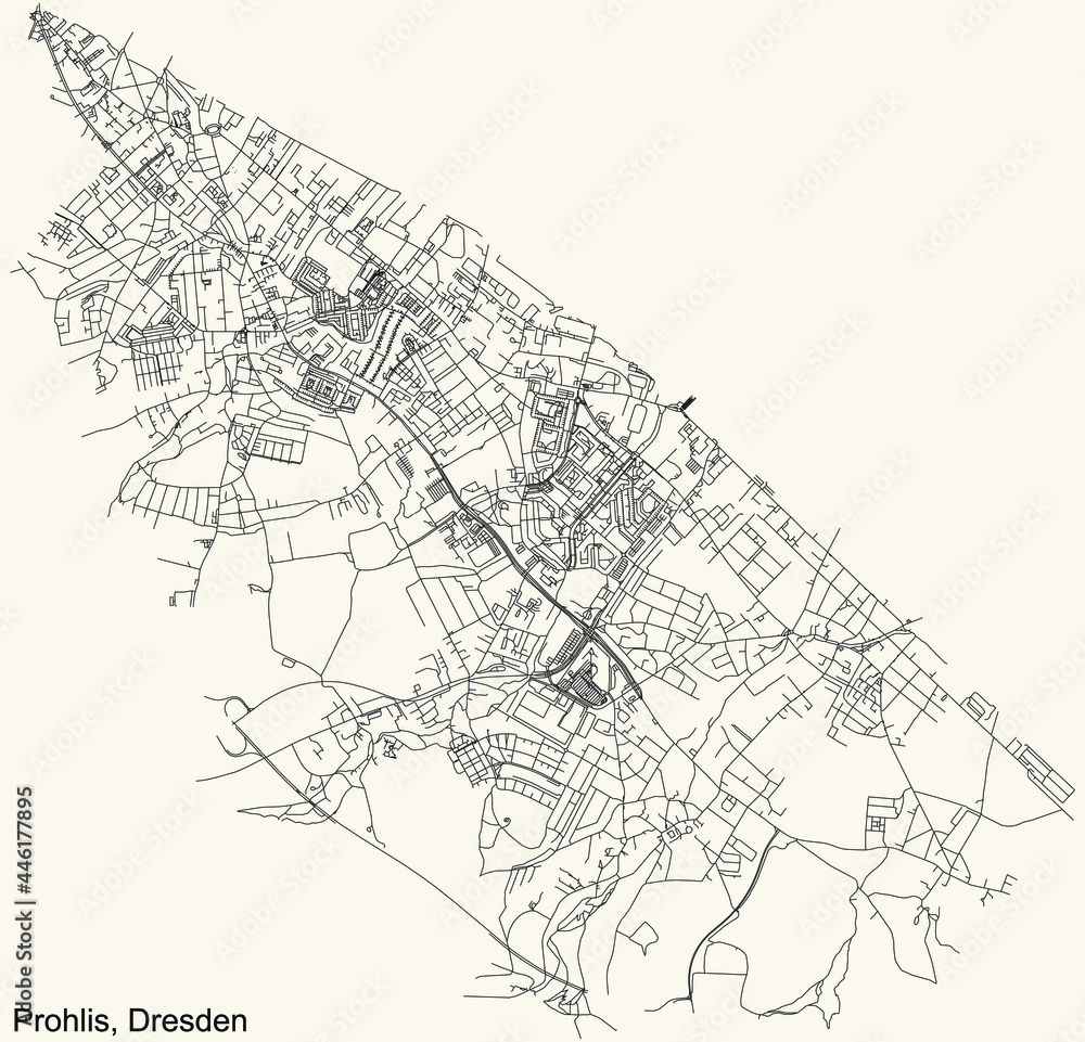 Black simple detailed street roads map on vintage beige background of the quarter Prohlis district of Dresden, Germany