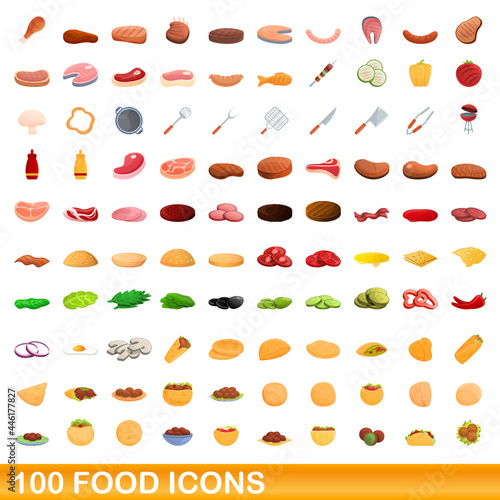 100 food icons set. Cartoon illustration of 100 food icons vector set isolated on white background