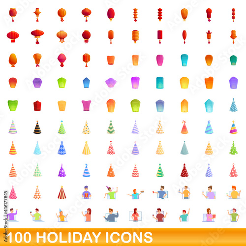 100 holiday icons set. Cartoon illustration of 100 holiday icons vector set isolated on white background