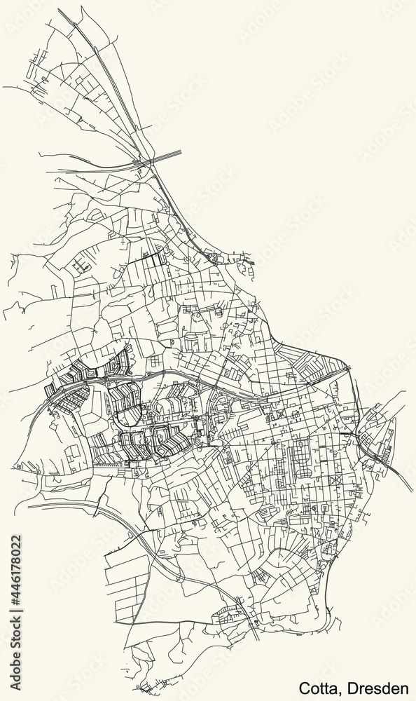 Fototapeta premium Black simple detailed street roads map on vintage beige background of the quarter Cotta district of Dresden, Germany
