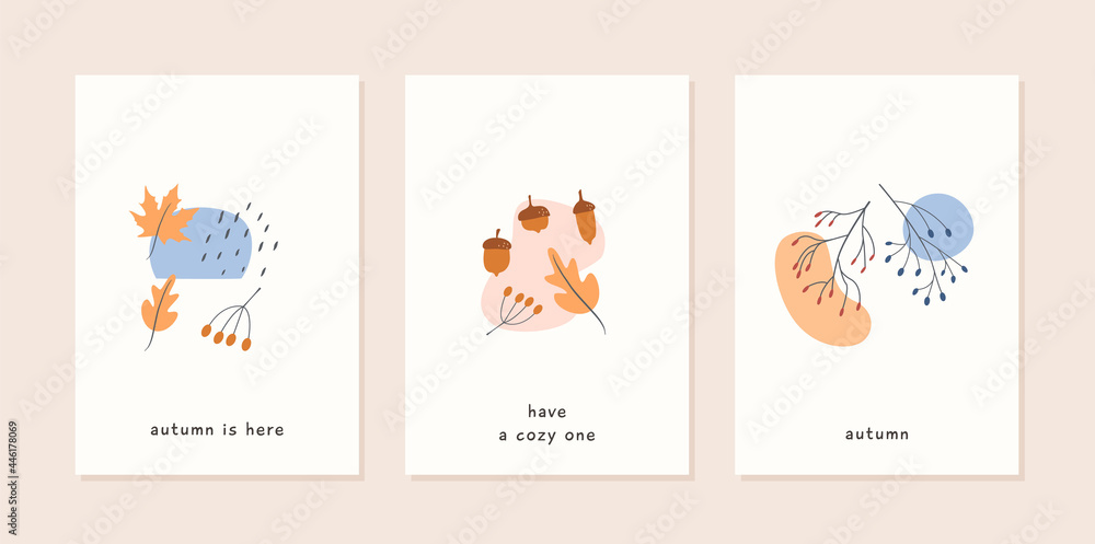 Set of autumn mood abstract greeting card templates with oak and maple leaf, acorn, branch with berries and geometric shapes. Fall season nature minimal trendy poster wall art. Vector illustration.