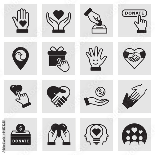 Charity icon set. Collection of donate, volunteer, partnership, hope and more. Vector illustration.