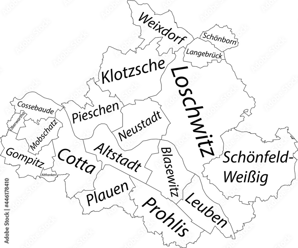 Simple white vector map with black borders and names of districts of Dresden, Germany