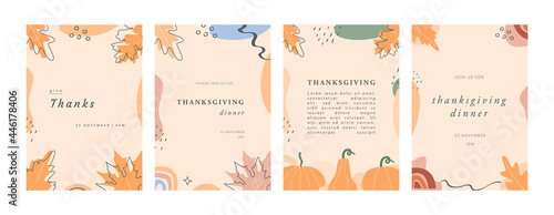 Set of Trendy Abstract Thanksgiving templates. Invitation Cards with leaves, pumpkins, geometric shapes and strokes. Modern vertical banner or background with copy space for text. Vector illustration.