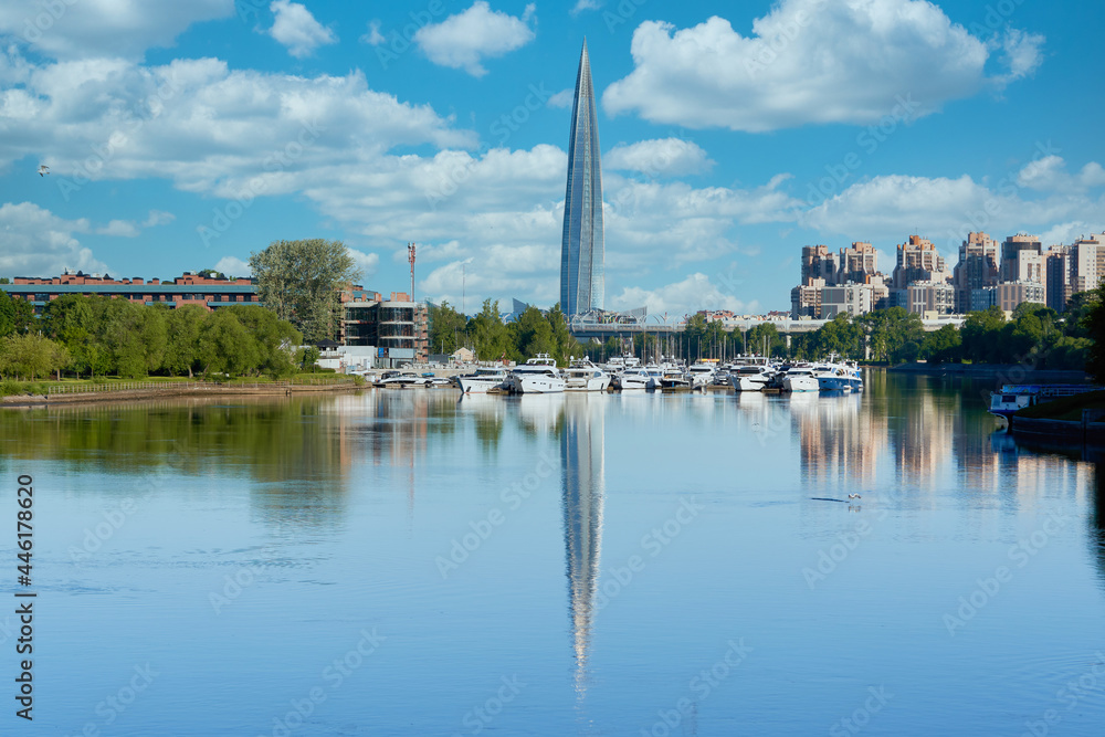 Skyscraper of Gazprom in St. Petersburg with fucking in the river against