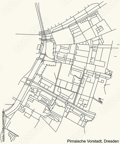 Black simple detailed street roads map on vintage beige background of the neighbourhood Pirnaische Vorstadt quarter of Dresden, Germany